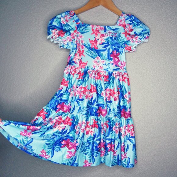 Tommy Bahama Girls Tropical Floral Print Tiered Dress Blue Pink Size 6 - Picture 5 of 7